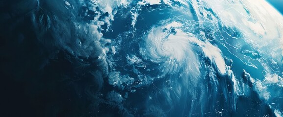 Fototapeta na wymiar A massive hurricane is visible in the sky with the earth in sight, styled with pronounced contours, an aerial perspective, and a wandering eye aesthetic.