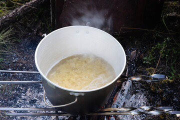 Cooking on a camping trip in an open fire pot.