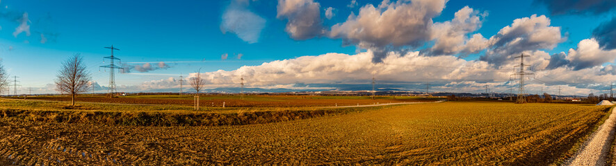 High resolution stitched winter panorama with overland high voltage lines at Wallerdorf, Kuenzing,...