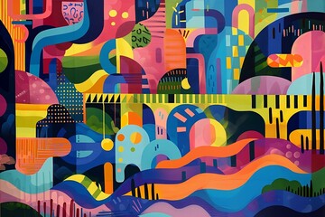 : A colorful abstract landscape with a variety of shapes and sizes