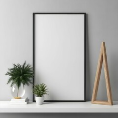 Mock up poster frame close up on shelf with decoration, 3d render, Blank vertical poster frame mockup in cozy home interior background. Photo Frame Mockup in the white wall background