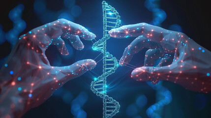3D lowpoly illustration of human hands interacting and controlling DNA, CRISPR, biotechnology - obrazy, fototapety, plakaty