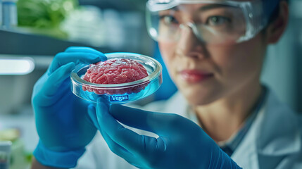 close-up of scientist engineer holding a sample of vegan meat, GMO, genetically modified food, vegetable meat, printed meat - obrazy, fototapety, plakaty