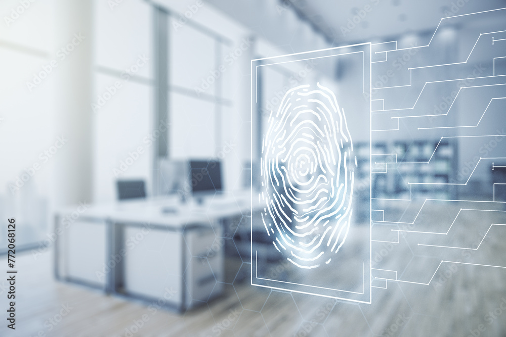Poster Multi exposure of virtual graphic fingerprint sketch on a modern furnished classroom background, fingerprint scan data concept