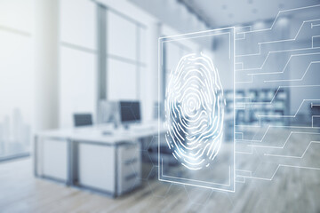 Multi exposure of virtual graphic fingerprint sketch on a modern furnished classroom background,...
