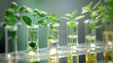 closeup of in-lab growing plants in test tubes, GMO, crispr, genetically modified plants and vegetables - obrazy, fototapety, plakaty