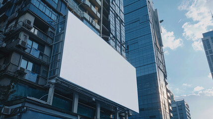 Mockup. Blank billboard in a modern city. Outdoor billboard with blank white horizontal screen