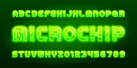 Microchip alphabet font. Green neon color letters and numbers. Stock vector typescript.