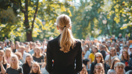 Young female politician speaking to her followers in the park - obrazy, fototapety, plakaty
