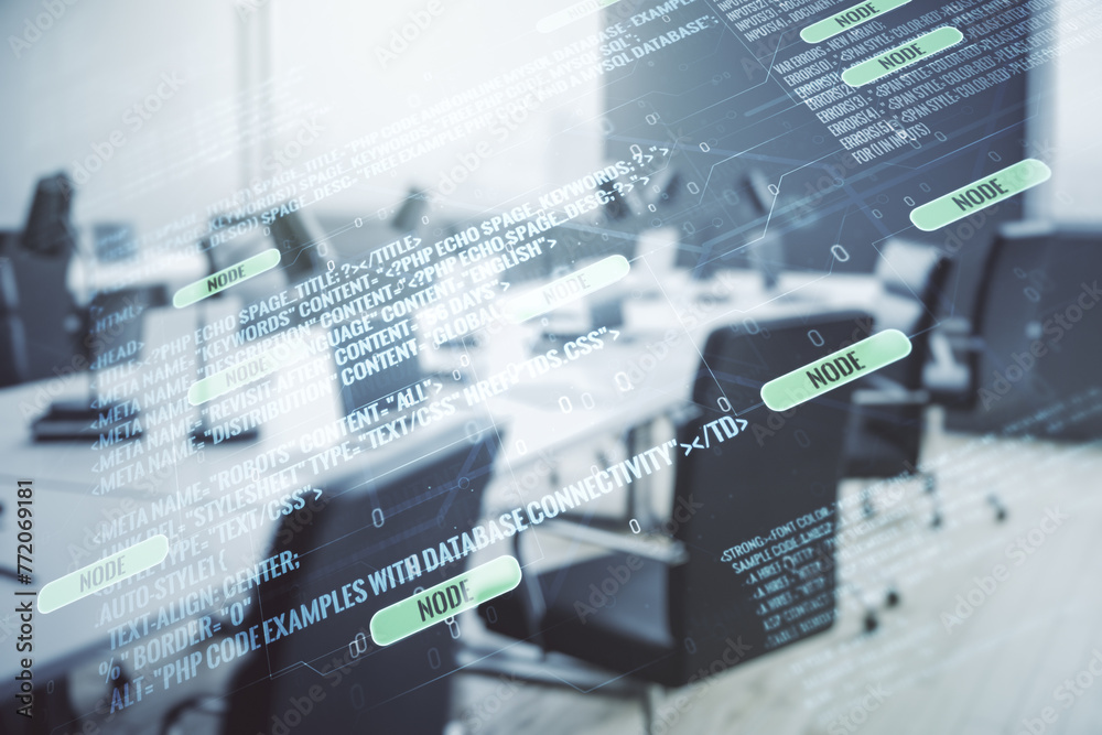 Aufkleber double exposure of abstract programming language interface on modern corporate office background, re
