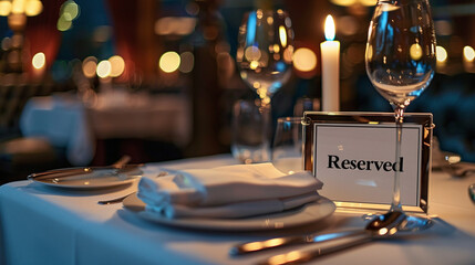 Fototapeta na wymiar Reserved table in a luxury restaurant. Romantic dinner for two in a restaurant