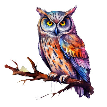 Electric blue owl perched on tree branch in vivid painting