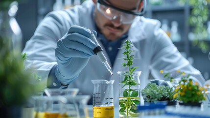 Modern laboratory biologist conducts experiments synthesizing compounds with the use of Dropper and Plant in a test tube, GMO, CRISPR - obrazy, fototapety, plakaty