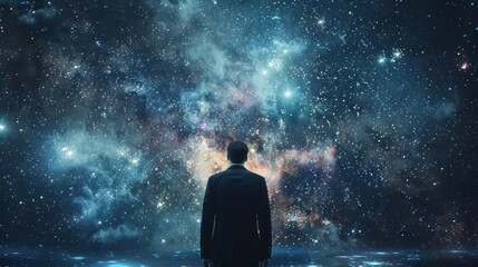 Obraz premium A man stands in front of a starry sky, looking up at the vast expanse of space. Concept of wonder and awe at the vastness of the universe