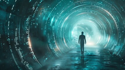 Obraz premium A man walks through a tunnel with a blue background. The tunnel is filled with glowing lights and the man is the only one in the scene. Scene is mysterious and surreal