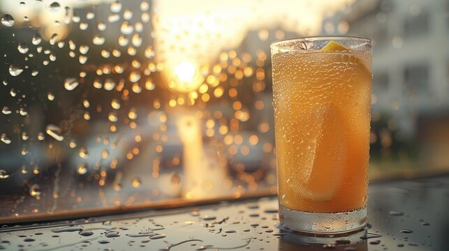   A glass holding a beverage rests on a table by a window dotted with raindrops