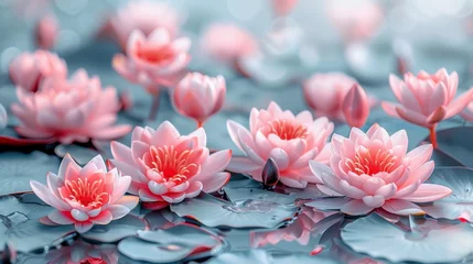 Foto op Canvas   A collection of pink water lilies atop a serene body of water, their round pads underneath © Jevjenijs