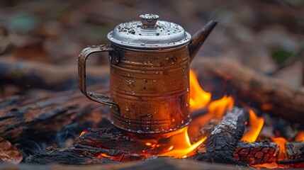   A metal teapot atop fire pit, near woodpile and blazing log
