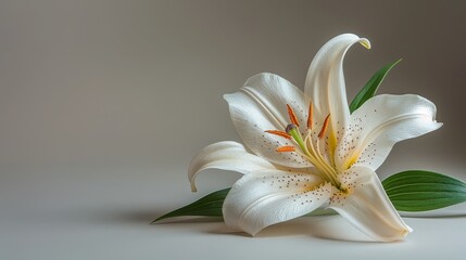   A white flower with a protruding green leaf from its center against a gray backdrop