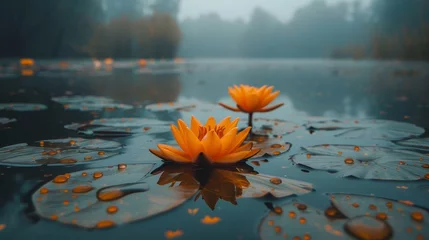 Foto op Canvas   A few water lilies float atop a lake, dotted with raindrops, adjacent to a forest © Jevjenijs