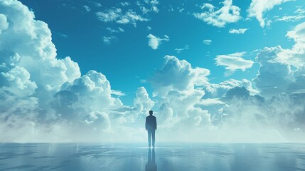 A man is standing on a beach in the middle of a cloudy sky. The sky is blue and the clouds are white and fluffy. The man is looking up at the sky, and the scene gives off a sense of calm and serenity