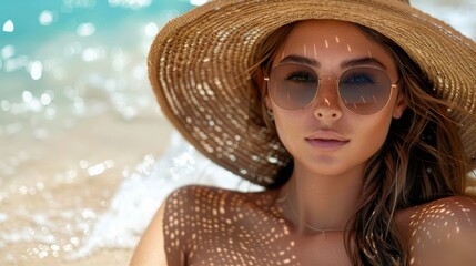   A woman dons a straw hat and sunglasses on the beach, her blouse showcasing an ocean backdrop