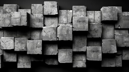   A monochrome image of a concrete wall, featuring blocks of diverse sizes and shapes in concrete and cement