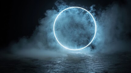   A circular object, situated in a dark room, exhales smoke while radiating light from its center - obrazy, fototapety, plakaty