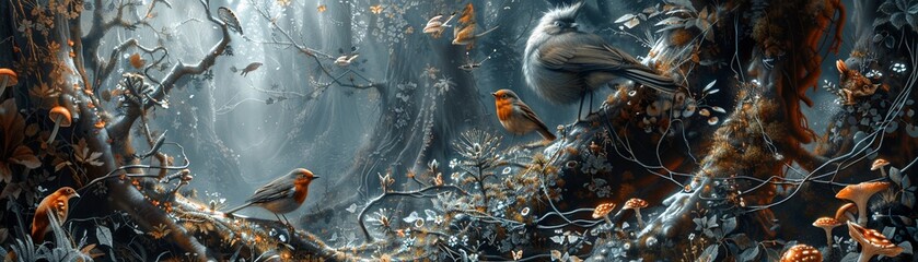 Capture the intricate web of connections in a forest ecosystem by illustrating a hidden communication network between trees, animals - obrazy, fototapety, plakaty