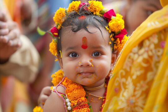 Cheerful Baby Celebrating Holi Festival in Vibrant City Setting