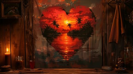 A painting of a heart with a sunset in the background. The painting is abstract and has a mood of warmth and love - obrazy, fototapety, plakaty