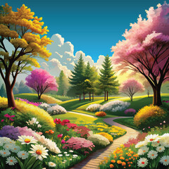 Autumn Park with blooming trees and flowers illustration for kid