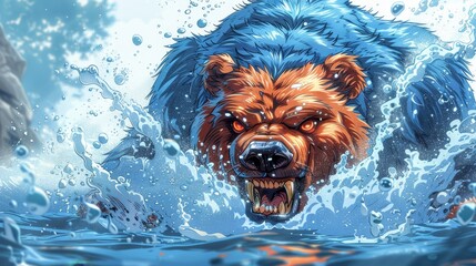   A bear with its mouth open and teeth exposed, submerged in water - obrazy, fototapety, plakaty