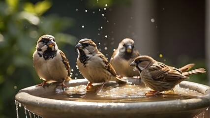 On a steamy summer's day, house sparrows bathe and splash around in a birdbath. - obrazy, fototapety, plakaty