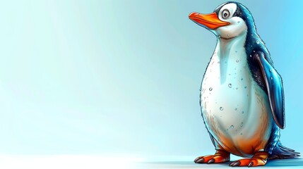   A cartoon penguin with an orange beak and a blue body stands before a blue and white backdrop - obrazy, fototapety, plakaty