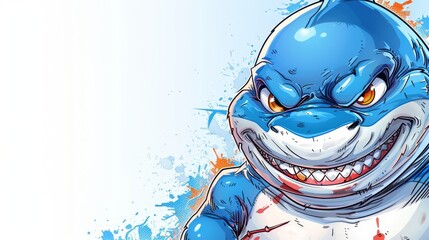  A drawing of a blue shark with a broad grin and a red spatula on its chest - obrazy, fototapety, plakaty