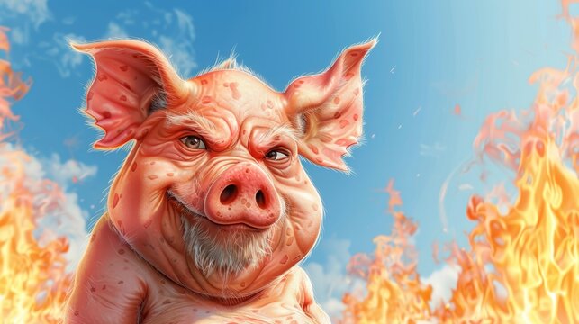   A painting of a pig in front of a blue sky, emitting yellow and red flames from its mouth