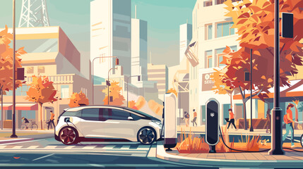 Illustration that brings to life the bustling energy of a modern city embracing the eco-friendly lifestyle of electric vehicles - obrazy, fototapety, plakaty