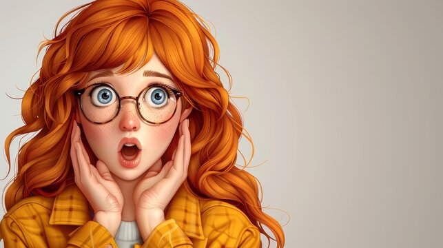   A digital painting of a red-haired girl in glasses, shockedly covering her face with surprised expression