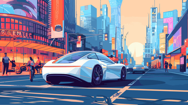 Illustration that brings to life the bustling energy of a modern city embracing the eco-friendly lifestyle of electric vehicles