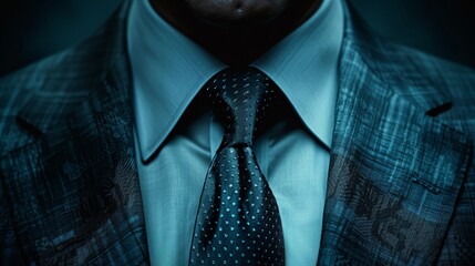   A tight shot of a man in a suit, featuring a blue tie and a white shirt adorned with black polka dots - obrazy, fototapety, plakaty