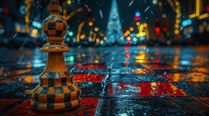   A chess piece atop a red-and-black checkered city floor, in night's quiet hush