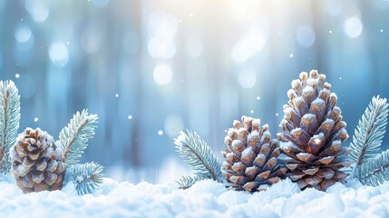   A group of pine cones atop separate piles of snow Each pile holds pine cones aloft - obrazy, fototapety, plakaty