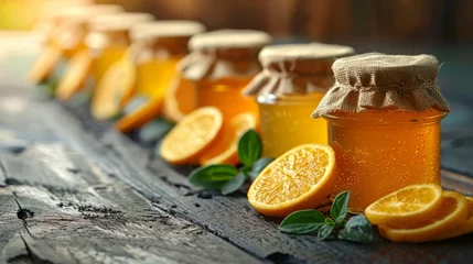 Foto op Plexiglas   A wooden table holds a row of honey jars, each brimming with golden honey Orange slices crown the jars, their vibrant hues contrasting against the warm wood and © Jevjenijs