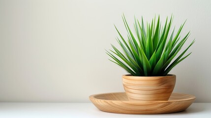   A potted plant atop a white table, resting on a wooden plate against a white wall