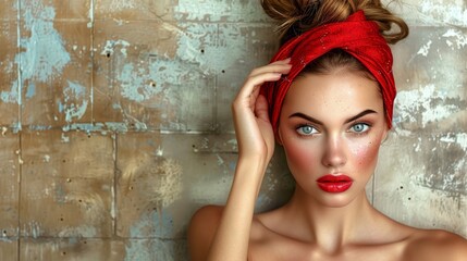   A woman in a red bandana and blue eyes poses before a grungy wall