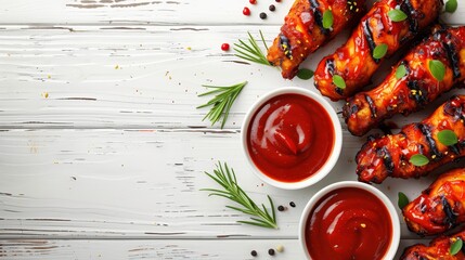   A white plate holds chicken wings, coated in ketchup, garnished with rosemary sprigs - obrazy, fototapety, plakaty