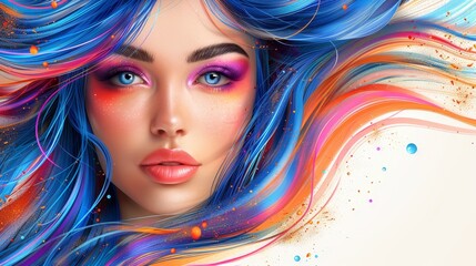  hair in shades of blue, pink, orange, and yellow; makeup with corresponding hues
