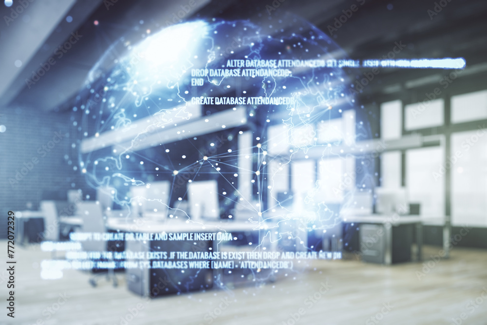 Leinwandbilder double exposure of abstract programming language hologram and world map on modern corporate office b