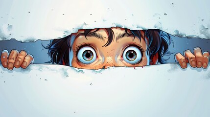   A boy hides half his body behind a wall hole, his wide-open eyes and protruding head visible